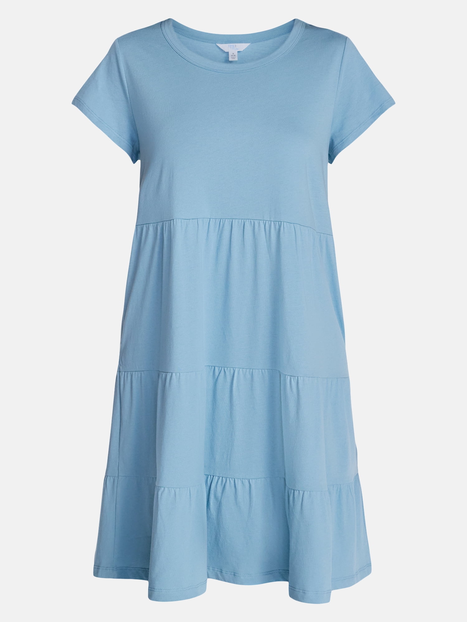 Time and Tru Women's and Women's Plus Size Tiered Cotton Dress with Short Sleeves, Sizes XS-4X