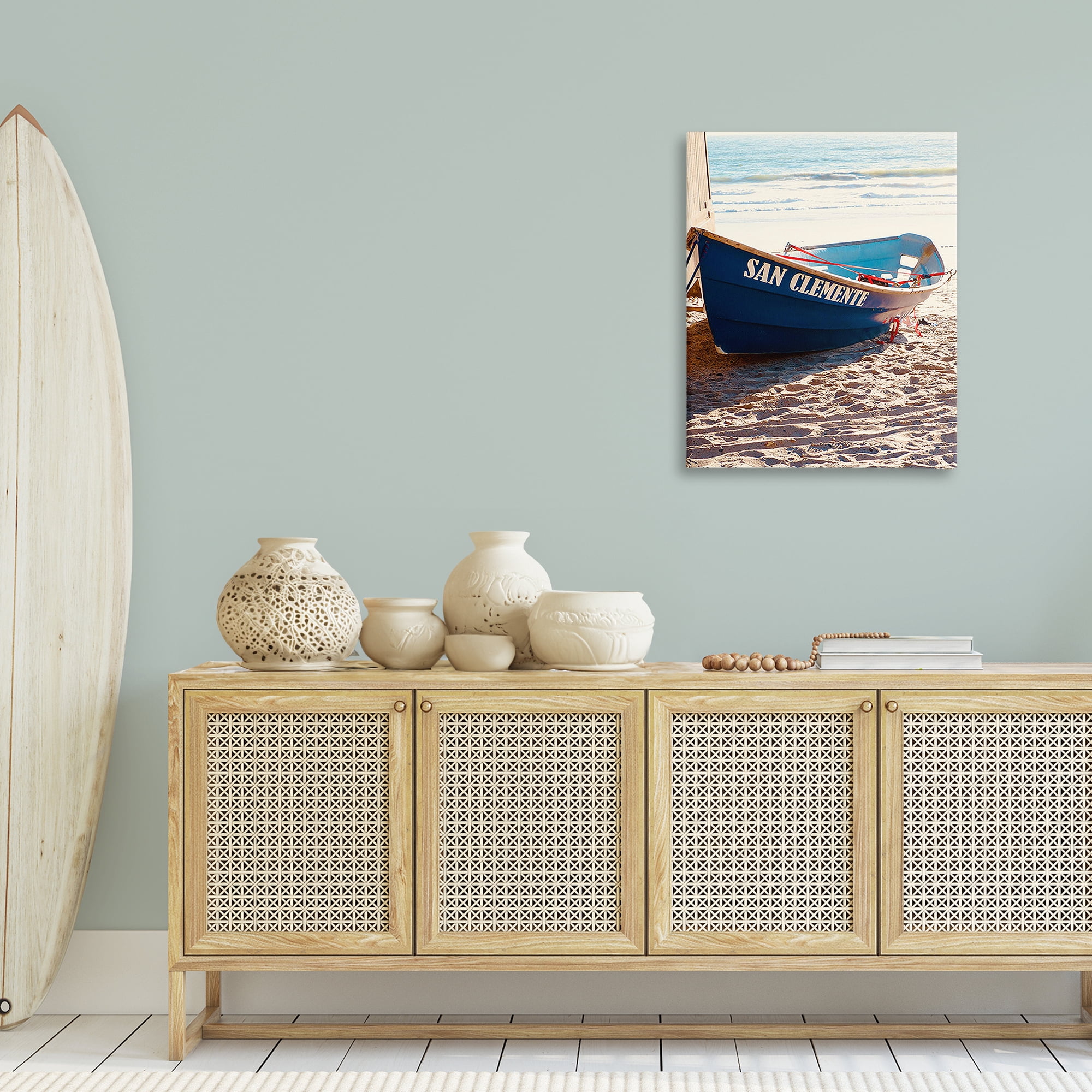 Stupell Industries Blue Boat on Sand Transportation Photography Wrapped Canvas Art Print Wall Art, 24 x 30