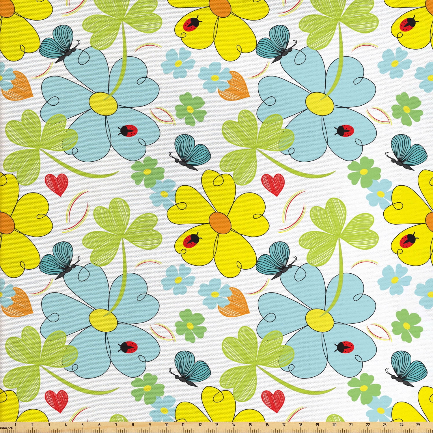 Yellow and Blue Fabric by The Yard, Daisies and Shamrock Flowers with