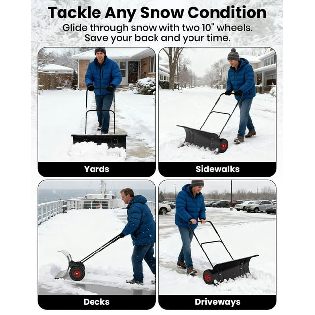 Pelle à Neige avec Roues 36 Pouces, Pelle à Neige Robuste avec Hauteur Réglable et Manche en U, Pousse-Neige pour Entrée, Seuil de Porte, Cour Arrière, Route, Durable et à Déneigement Rapide, Noir