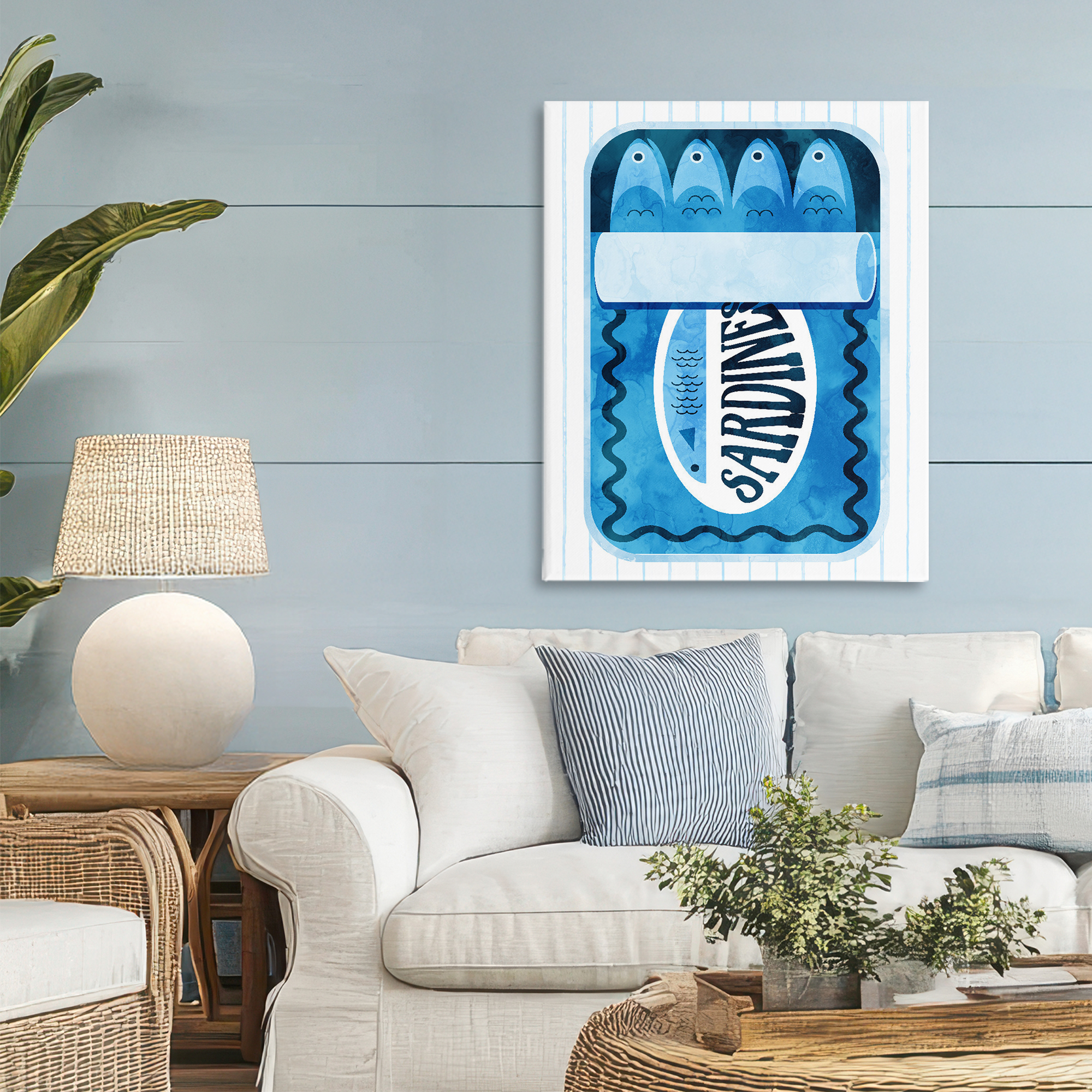 Blue Sardine Tin Over Stripes Canvas Wall Art, design by Daphne Polselli