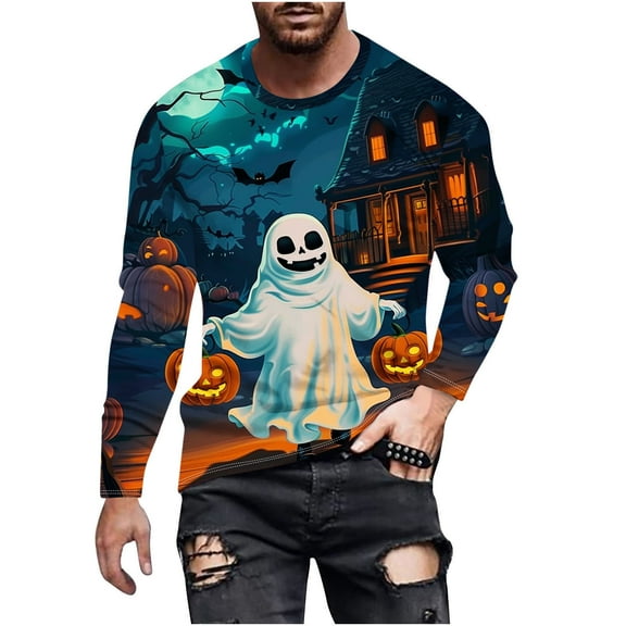 Fjofpr Men'S T-Shirts Long Sleeve Mens Shirts Halloween Men's Printed Long Sleeved Top Long Sleeved Round Neck Top