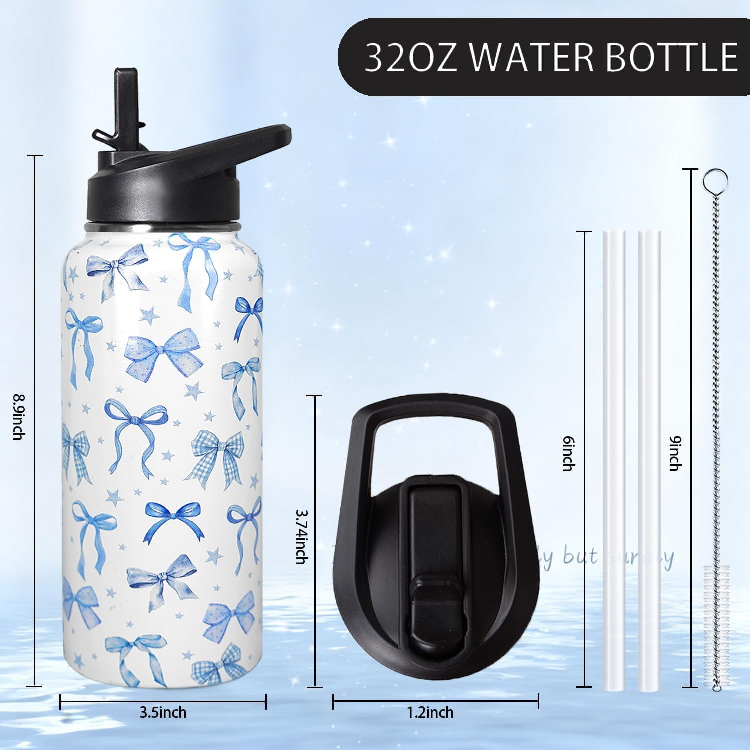 32oz Blue Bow Stainless Insulated Aater Water Bottle with Straw,Bow Gym Hiking Sports Coffee Mug Cup Water Bottles,Bow Gifts for Women,Bow Decor Stuff Accessories