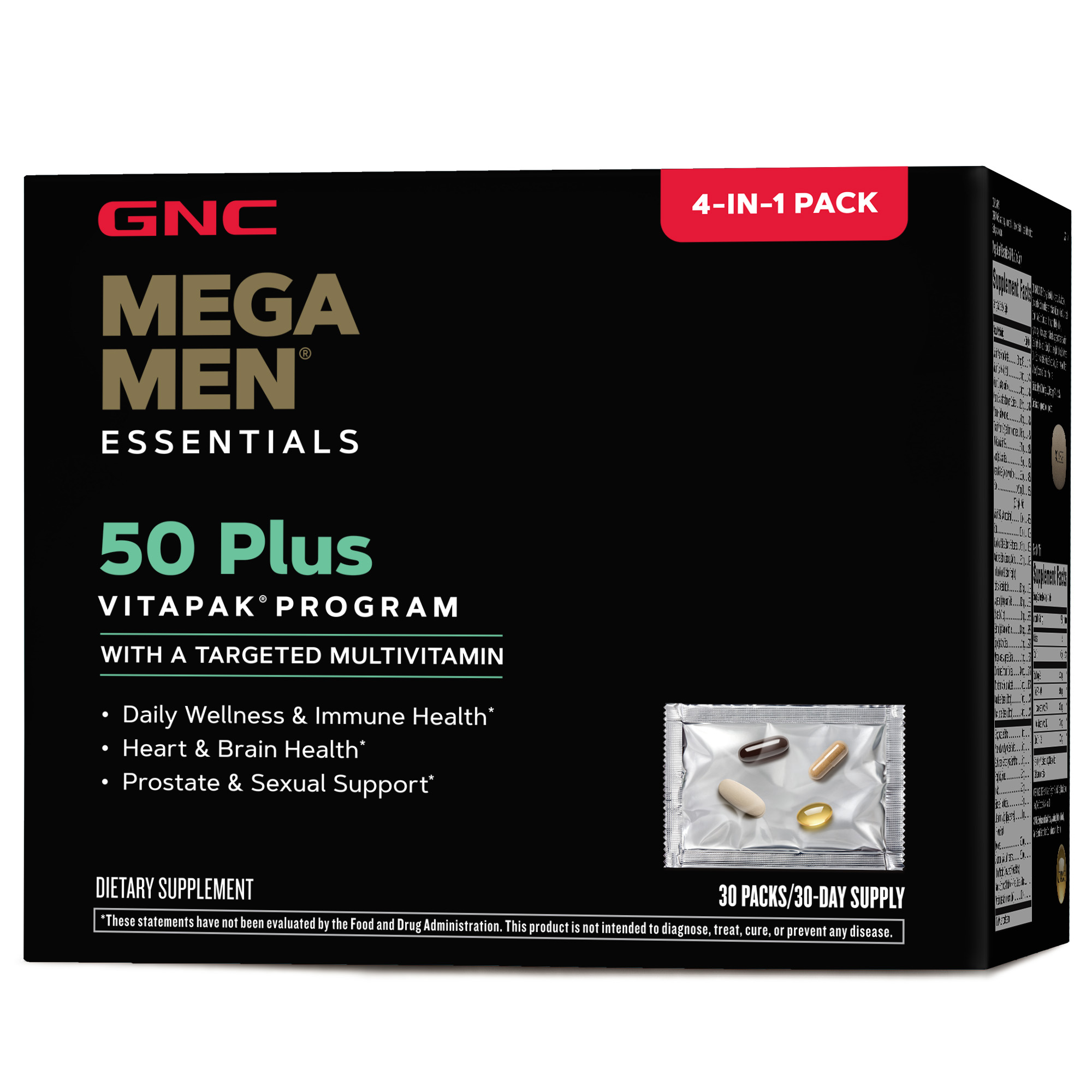 GNC Mega Men 50-Plus Essentials Vitapak, 30 Daily Packs, 4-in-1 Complete Daily Multivitamin and Nutrition Program for Men 50 and over