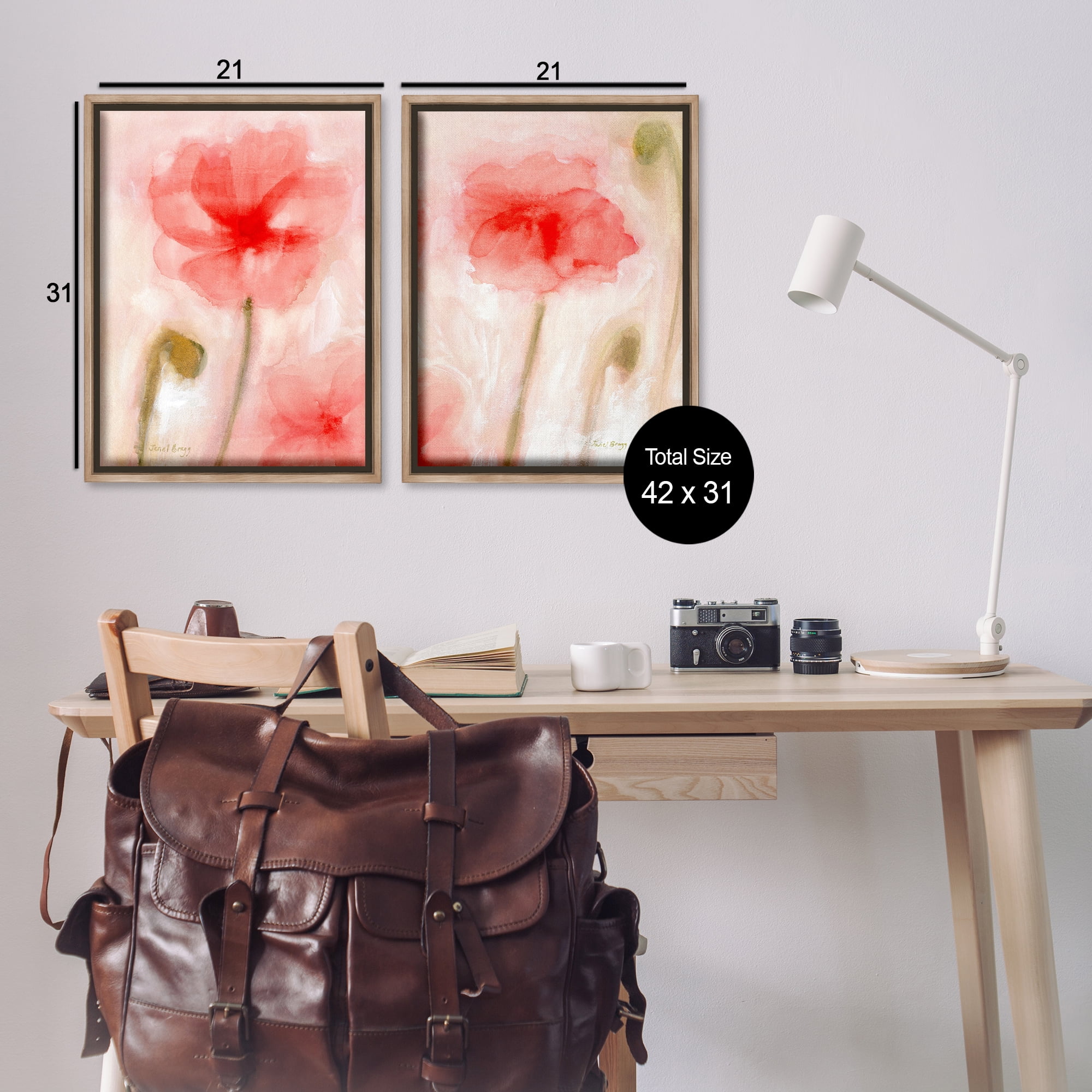 Stupell Industries Beautiful Coral Poppy Blossom Plants & Flowers Painting Brown Floater Framed Canvas Art Print Wall Art, 21 x 31, Set of 2