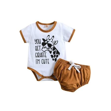 

Seyurigaoka 2 Pcs Baby Girls Boys Tops Set Cartoon Giraffe Letter Print Tops Short Sleeve Romper and Tie-up Short Pants for 0-24M Toddler Kids