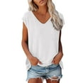 thumbnail image 2 of Summer Short Sleeve V Neck Loose Fit Spandex T Shirts for Women White Cap Casual Tops Solid Color Blouse, 2 of 6