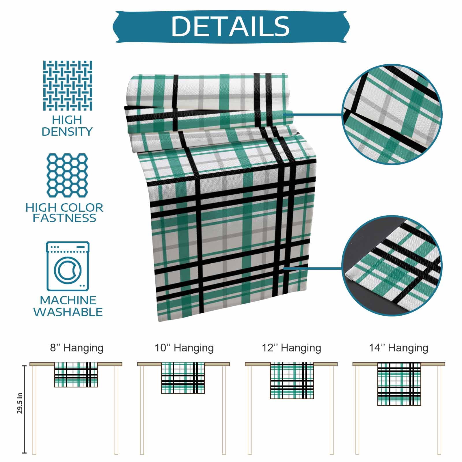 Ldtrchee Teal Black Plaid Table Runner 36 Inches, Farmhouse Teal Black Checkered Bed Runner Dresser Scarves Tabletop for Indoor Outdoor Parties/Ceremony/Banquet, 13"x 36"