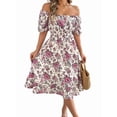 thumbnail image 3 of Women Summer Ruffle Off Shoulder Floral Midi Dress Summer Smocked Beach Flowy Long Dresses White M, 3 of 9