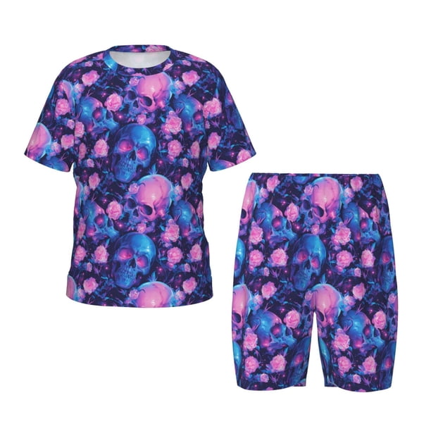 Balery Blue Skull Rose Conjunto de Pijama Infantil de Manga Corta con Estampado – Ropa de Dormir de Algodón Suave-Medium