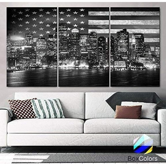 Original by BoxColors XLARGE 30"x 60" 3 Panels 30"x20" Ea Art Canvas Print Flag USA Boston Skyline night Black & White Wall Home Office decor interior (framed 1.5" depth)
