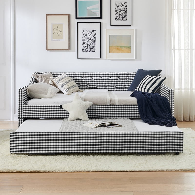 Full Size Daybed with Pop Up Trundle, Gingham Upholstered Daybed Frame with Tufted Button Backrest and Side Storage Pocket, Modern Sofa Bed for Living Room Bedroom