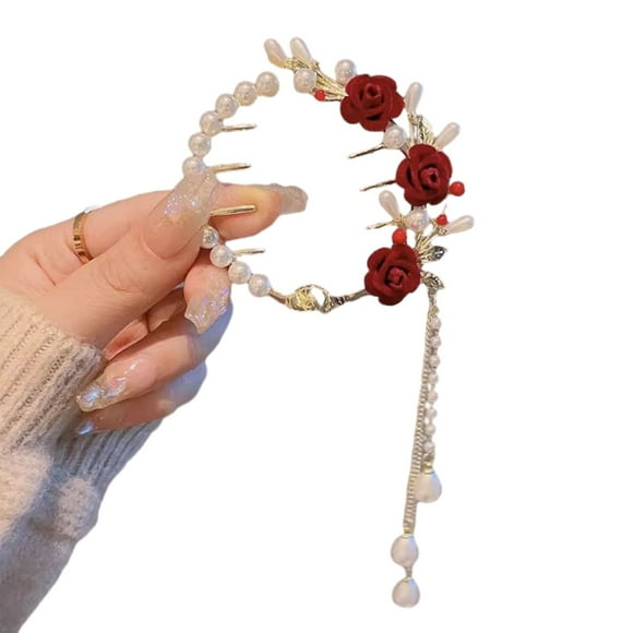 CSChome Lady Ponytail Claw Lady Ponytail Claw - Fake Rose Faux Pearl Tassel Chain Stainless Hair Decoration