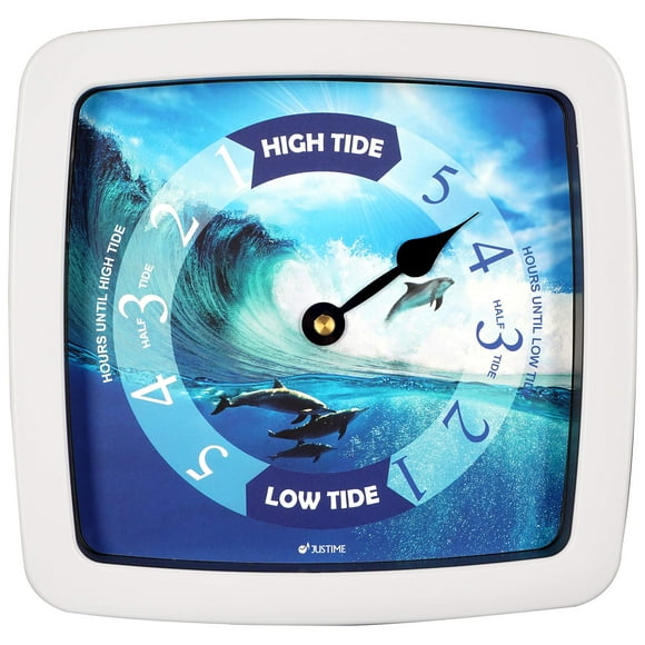 JUSTIME 8.5 Inch Atlantic Tide Clock for East Coast, High Tide Low Tide Clock with Plastic Water Resistant Case, Colorful Graphics Designed Home Wall Décor (TT424WT Dolphin)