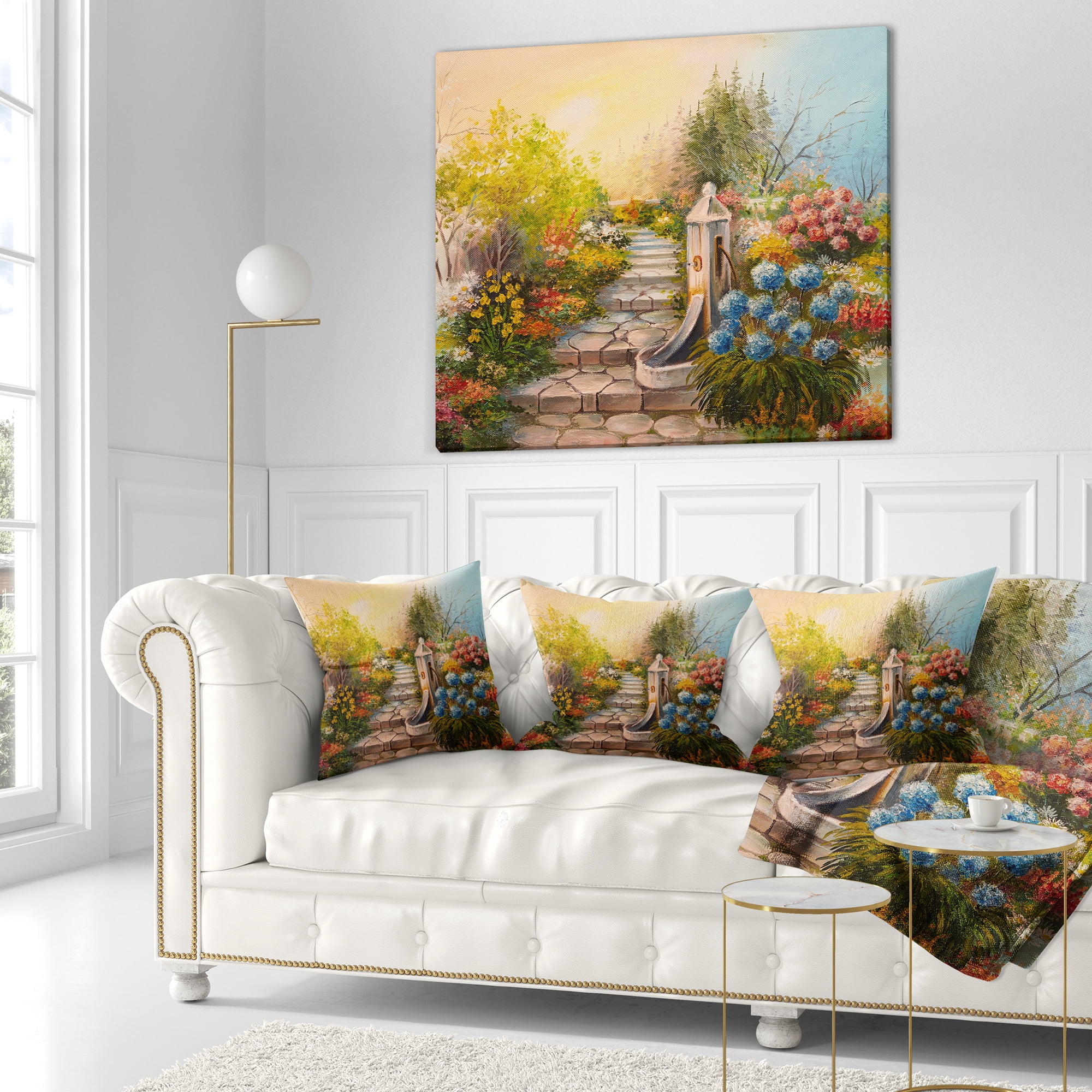 Designart Stone Stairs in Forest - Landscape Painting Throw Pillow - 16x16