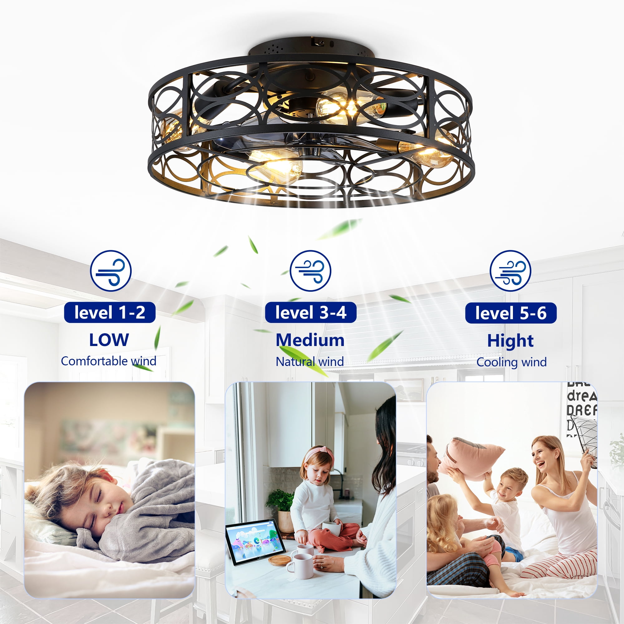 Leumius 20" Caged Ceiling Fans with Lights and Remote, Flush Mount Caged Ceiling Fan 6 Speed Reversible with Remote Control for Living Room Bedroom Dining Room Bronze (NOT Included Bulbs)