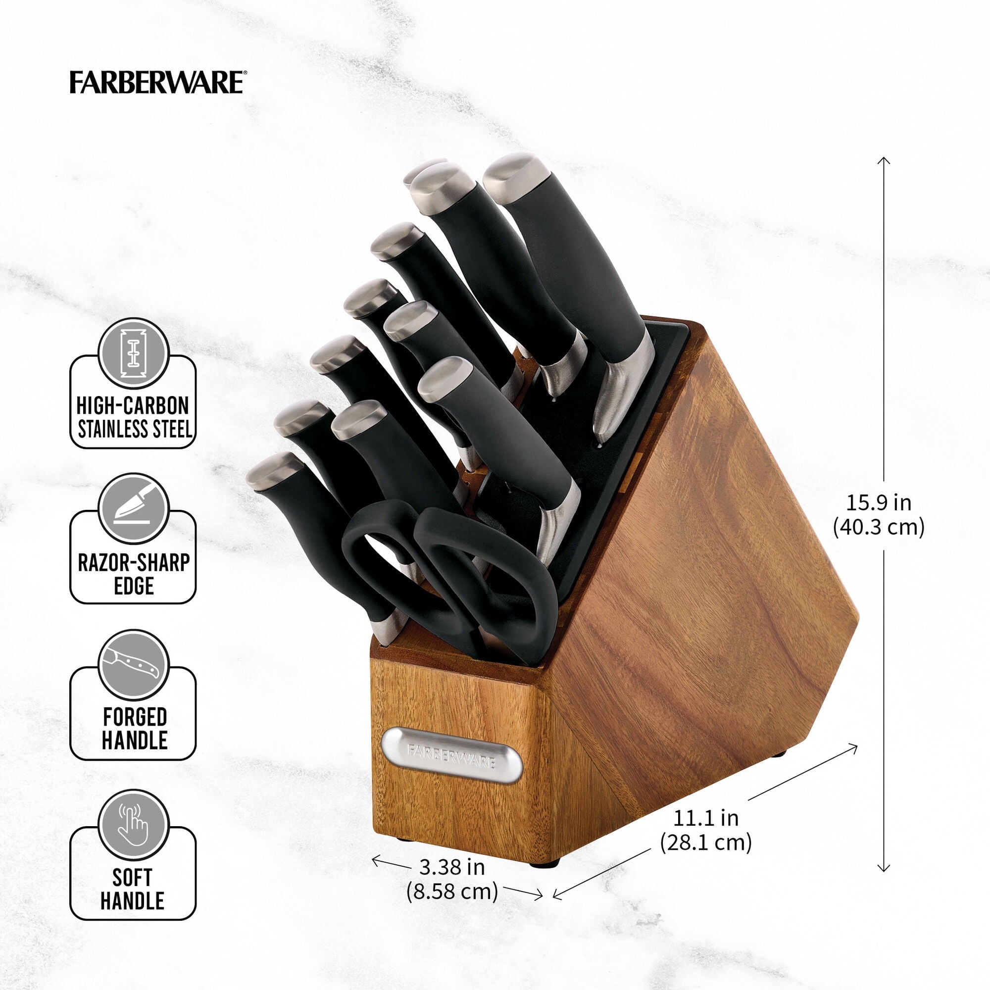 Farberware 13-Pc Forged Soft Grip Acacia Slim Knife Block Set, Edgekeeper Pro Knife Sharpener, Black
