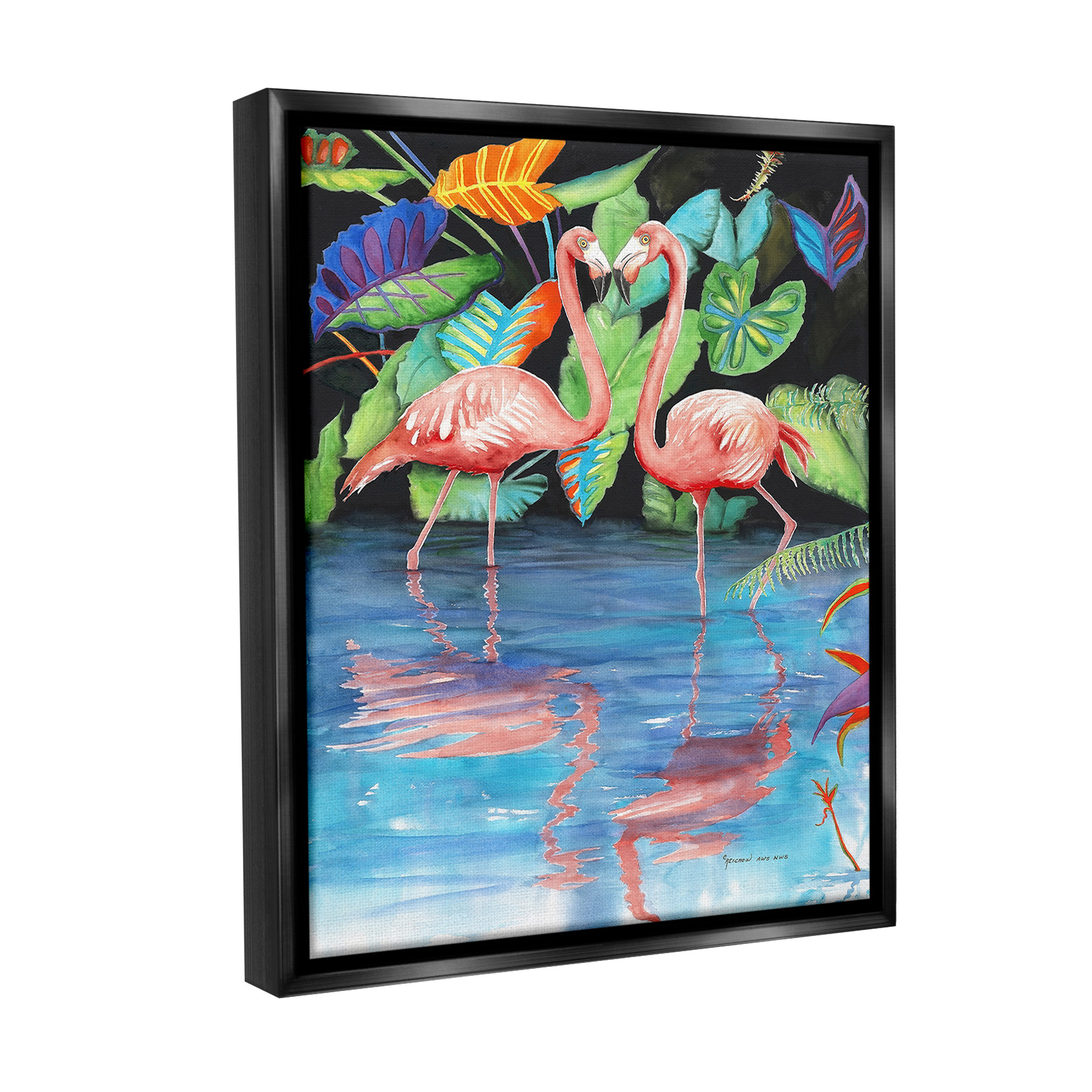 Stupell Industries Bold Flamingos Reflection Animals & Insects Painting Black Floater Framed Canvas Art Print Wall Art, 17 x 21