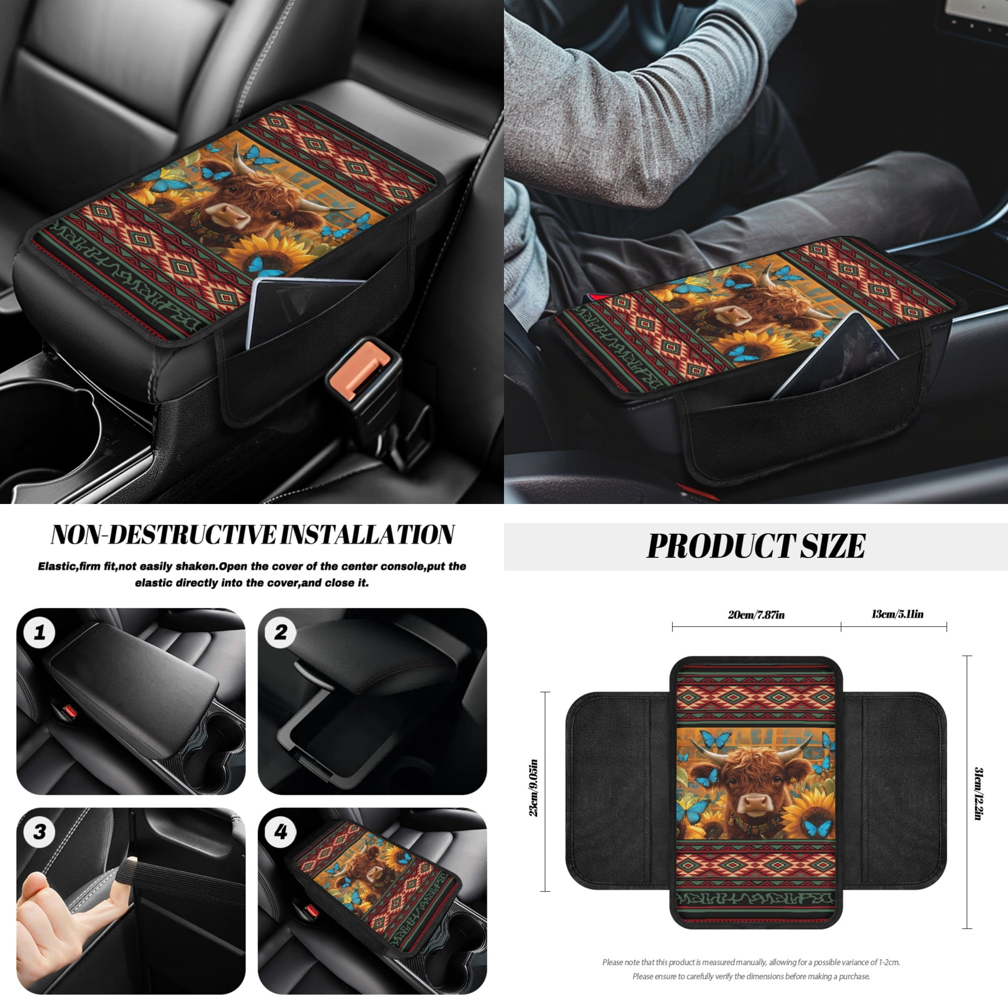 Renewold American Tribal Highland Cow 14 Pack Car Accessories, Auto Seat Protector Steering Wheel Cover Seatbelt Strap Pad Trash Can Armrest Pad Cup Holders Rearview Mirror Handbrake Cover Set