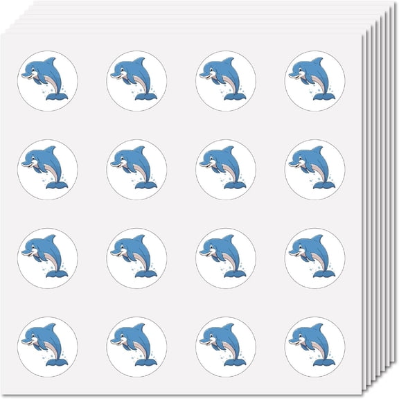 128Pcs 8 Sheets Dolphin Stickers Bulk Sea Animal Decals 0.98 inch Self-Adhesive Waterproof Round Dot Cartoon Blue Ocean Stickers for DIY
