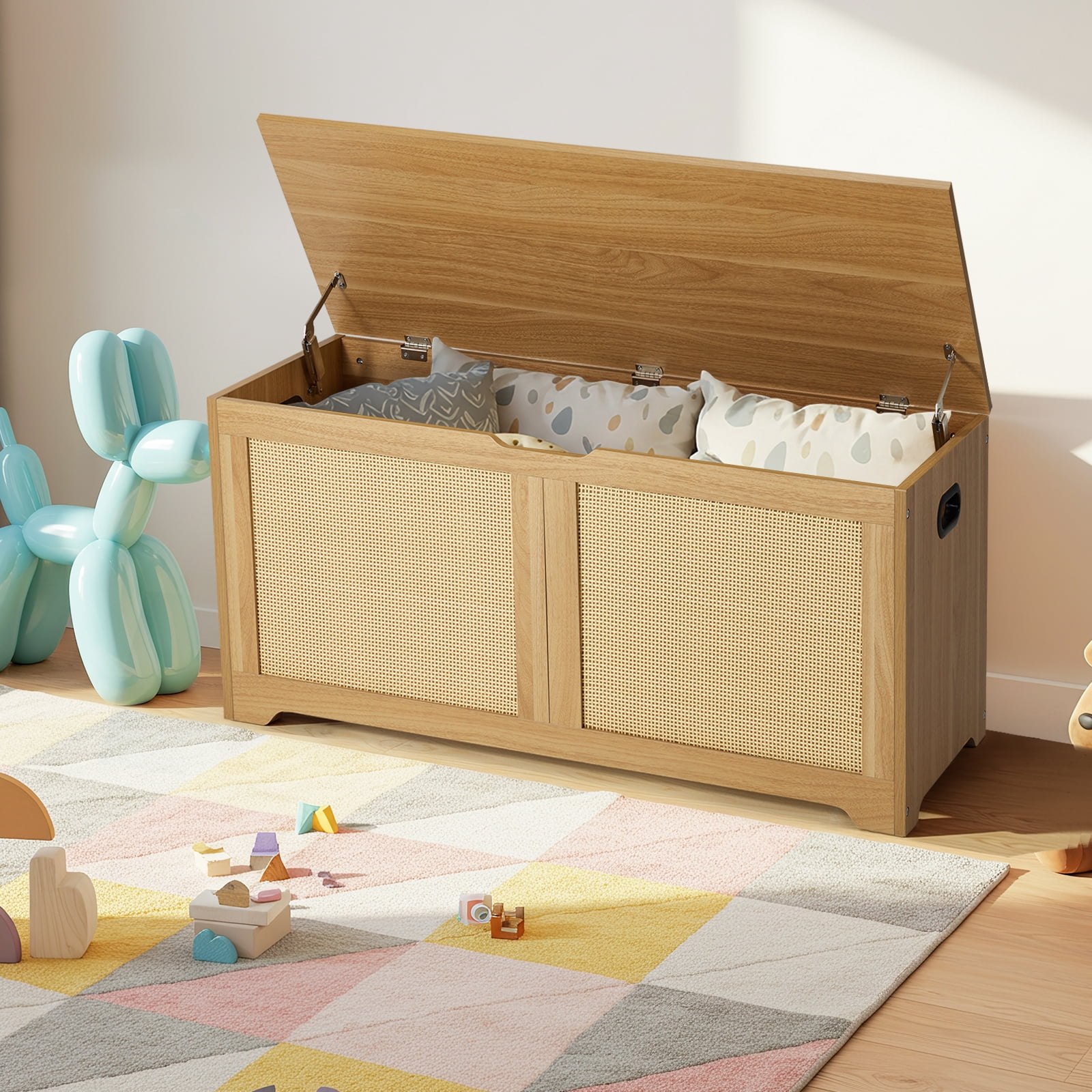 Erinnyees 39.4" Rattan Storage Chest, Storage Bench, Toy Chest, Shoe Bench, with Double Soft - Close Hinges, for Entryway, Bedroom, Living Room, Supports 300 lb