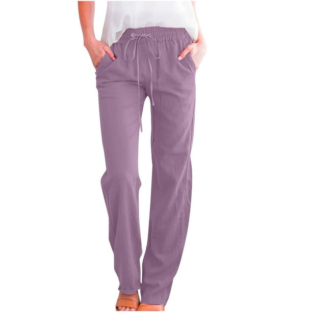 Yuyuzo Plus Size Cotton Linen Pants for Women Straight Leg High Waisted  Drawstring Basic Solid Color Slacks 
