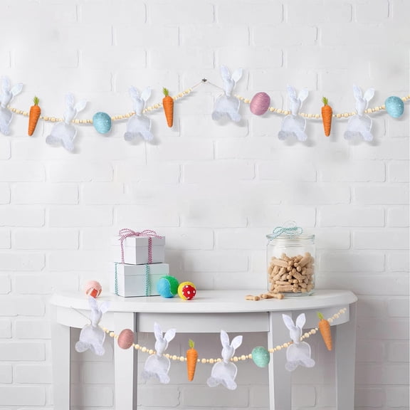 Easter Bunny Carrot Garland, Felt Garland With Wooden Beads For Festive Ornament Easter Banner Hanging Decorations
