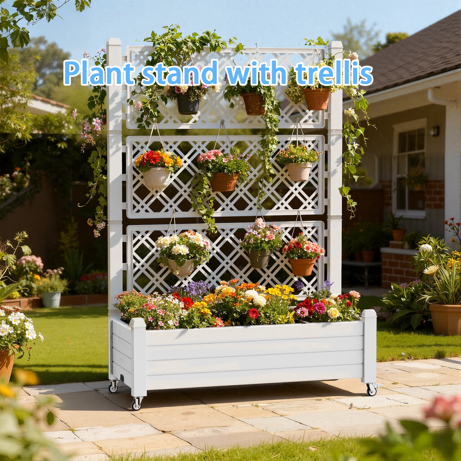 MAYEERTY Raised Garden Bed with Trellis Wheel, Freestanding Planter Box with Built-In Water Storage for Climbing Plants Vegetables Flowers Garden Yard