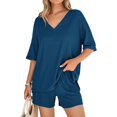 thumbnail image 7 of Women's 2 Piece Summer Outfit Set, Casual Oversized V Neck T-Shirt & High Waisted Biker Shorts, Lounge Wear Shorts Set, Workout Yoga Clothes Blue M, 7 of 7