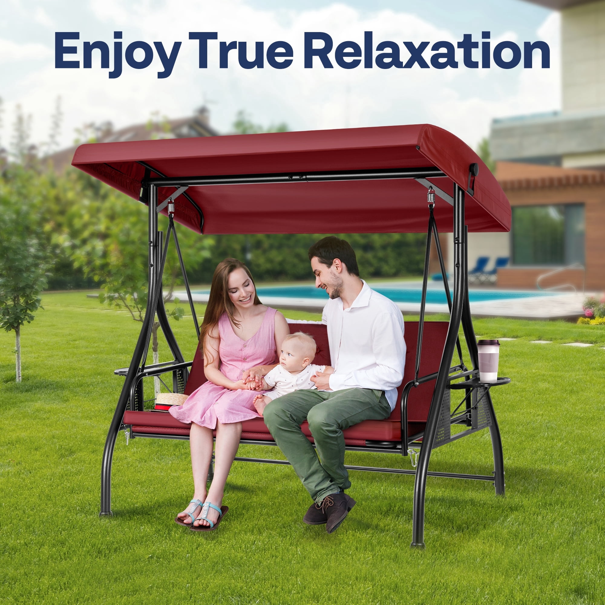SPECSTAR 3 Seats Patio Swing Chair, Outdoor Converting Canopy Swing Chair w/ Removable Cushion,Swing Glider Hammock for Patio, Garden, Red