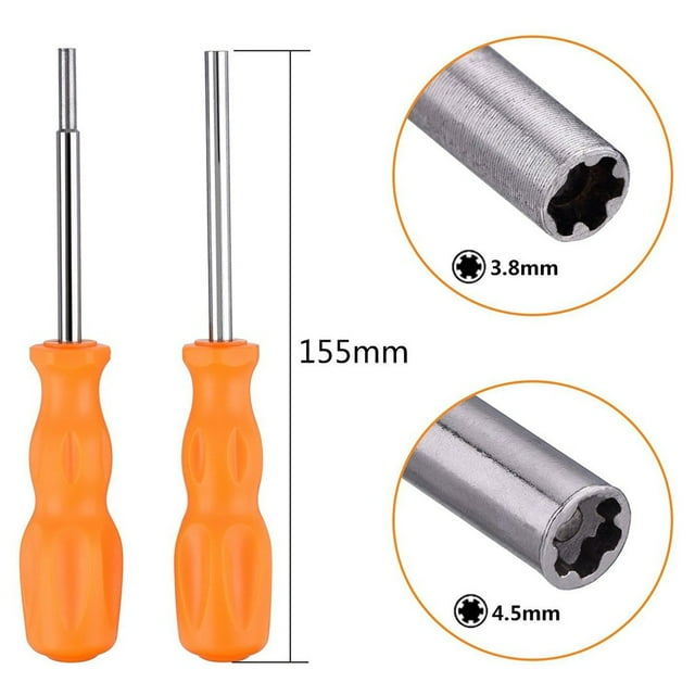Tournevis de Sécurité 3,8 Mm/4,5 mm pour Gamebit pour Outil de Réparation SFC et N64. l'Image Affiche Deux Tournevis à Poignée Orange avec Arbres en Acier Durables, Chacun de 155 mm de long. des Encarts Gros Plan Montrent les Embouts de Gamebit 3,8 mm et 4,5 mm, Idéal pour Réparer les Appareils NES, SNES, N64, GameBoy et GameCube.