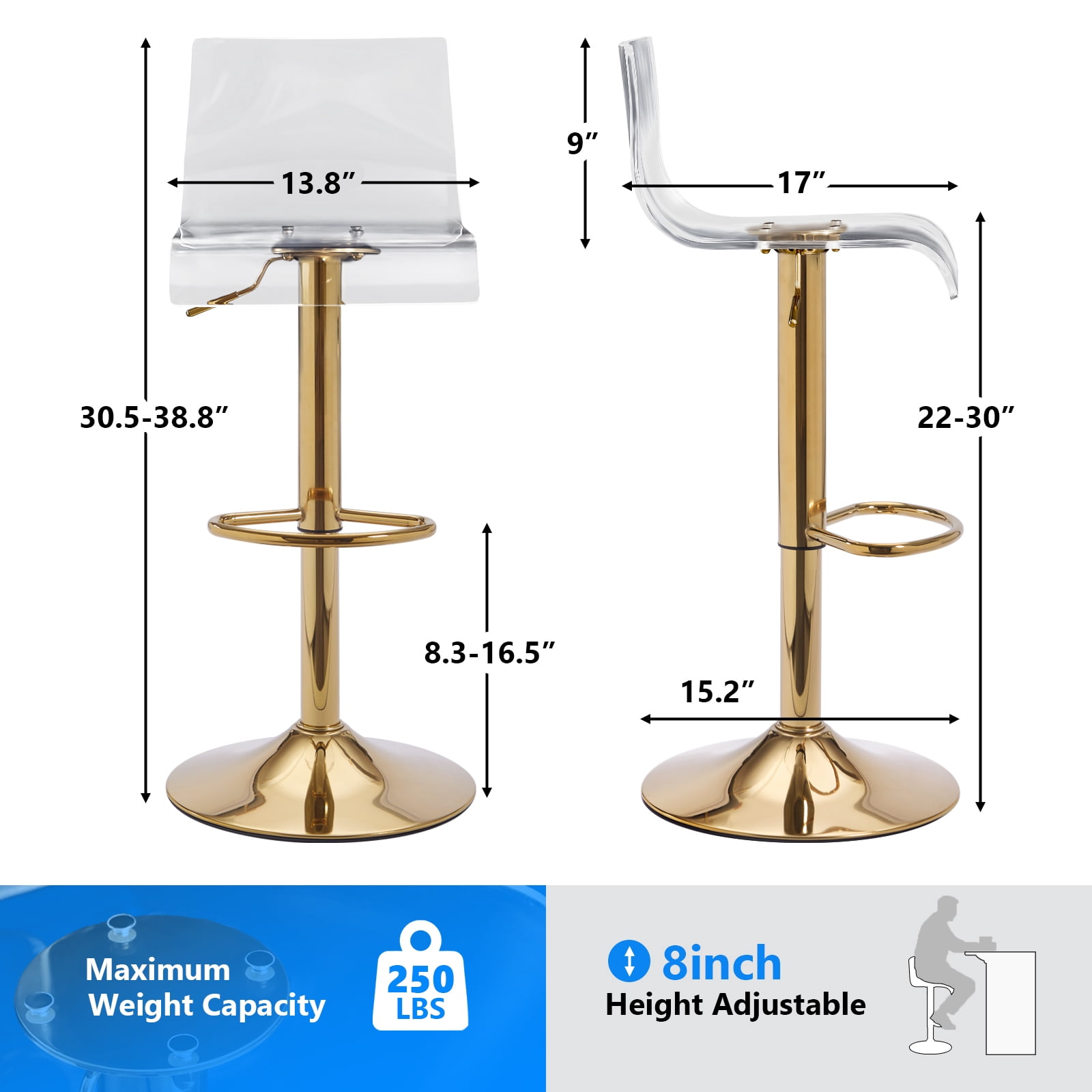 Clear Acrylic Bar Stools set of 3 , 360° Swivel Height Adjustable Bar Chairs with Backrest, Transparent Counter Height Stools with Gold Metal Base for Kitchen Island, Bar, Cafe ( Gold )