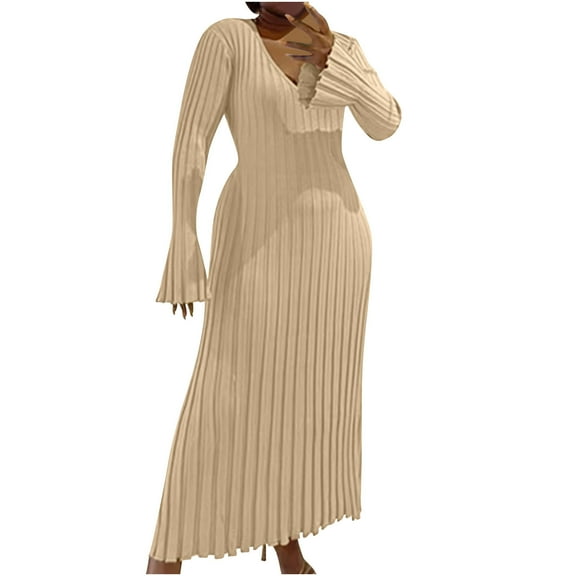 Frostluinai Women's Ribbed Knit Sweater Dress V Neck Slim Fit Bodycon Maxi Dress Bell Long Sleeve Casual Pleated A Line Dress Solid Knit Dress