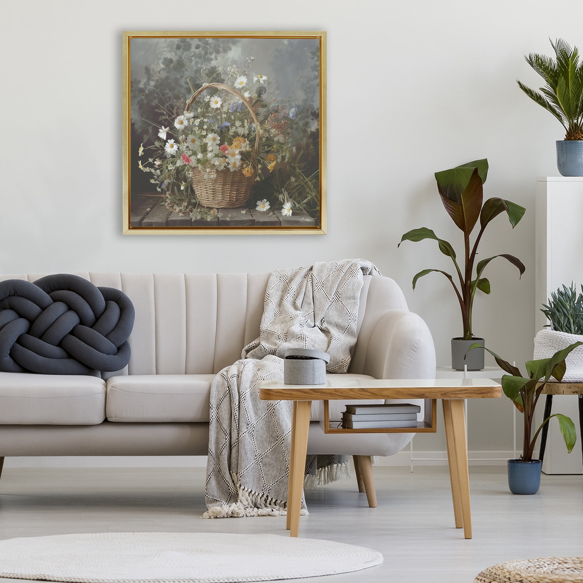 Stupell Industries Florals In A Basket Arrangement Gold Framed Floater Canvas Wall Art, design by Lazar Studio