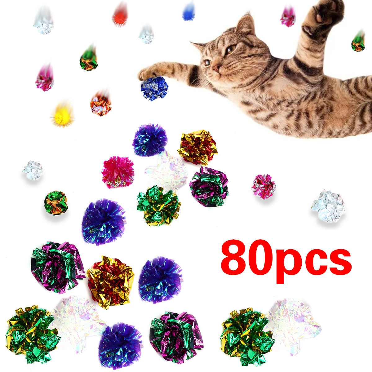 80pcs Cat Crinkle Balls, Mylar Balls for Cats, Pet Toy for Indoor Cats