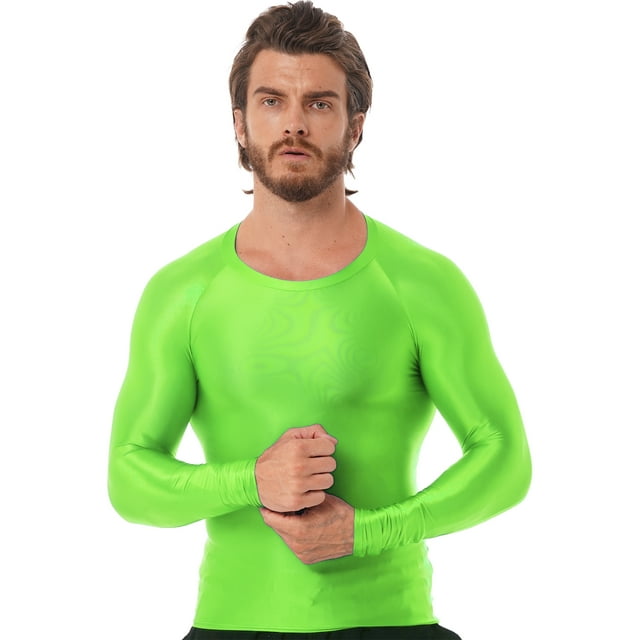 Jhaoyu Men's Glossy Long Sleeve Compression Shirts Athletic Workout Sports Rash Guard Undershirt Fluorescent Green M