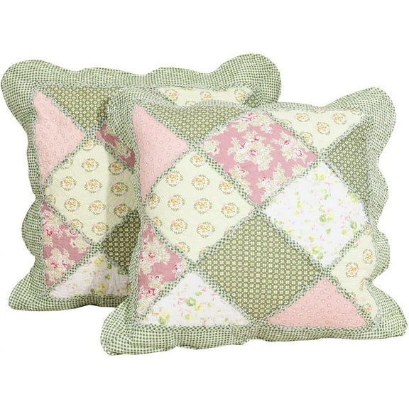 Zhuge Set of 2 Quilted 100% Cotton Boho Throw Pillow Covers 18" x 18" Farmhouse Country Floral Patchwork Decorative Cushion Cover, Patchwork Flower D