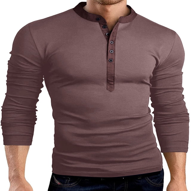 Blusas y camisas de manga larga con cuello redondo para hombre, color liso, cuello alto falso de dos botones, camiseta de manga larga con imprimación multibotón, blusa de poliéster para hombre