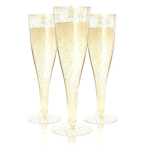 BPPEG 200 Disposable Champagne Flutes Gold Glitter Glasses - 6 Oz Plastic Champagne Cups for Parties,Wedding Toasts,Mimosa Bar,and New Year’S Eve - Elegant Bulk Gold Plastic Wine Flutes