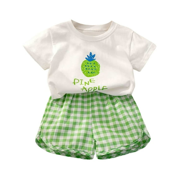 Zanarzt Newborn Baby Girl Clothes Summer Girls Short Sleeve Top Shorts Suit Comfortable Fashion Cartoon Fruit Plaid Print Children Two Piece Suit Green,18-24 Months