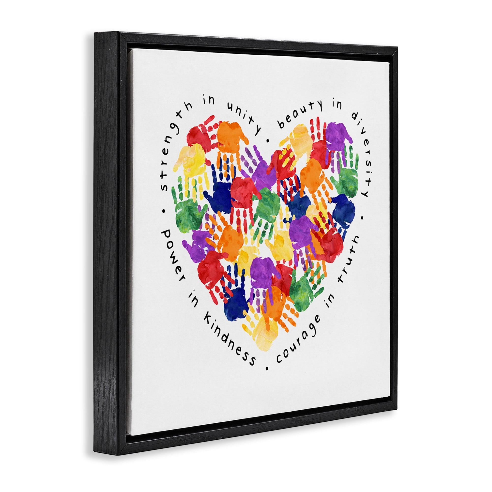 Stupell Industries Strength In Unity Handprint Heart Inspirational Painting Black Floater Framed Canvas Art Print Wall Art, 25 x 25