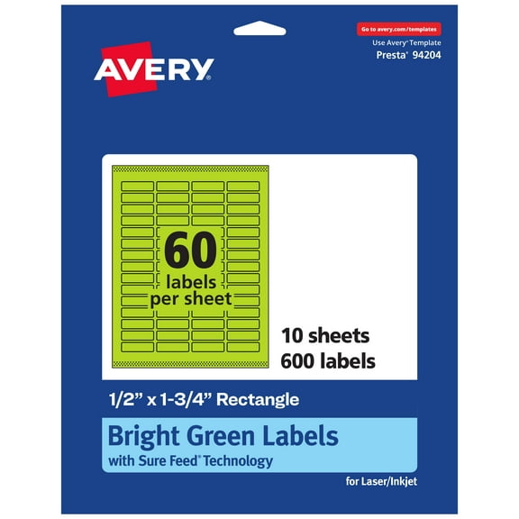 Avery Printable Rectangle Labels, Bright Green, 0.5" x 1.75", 600ct