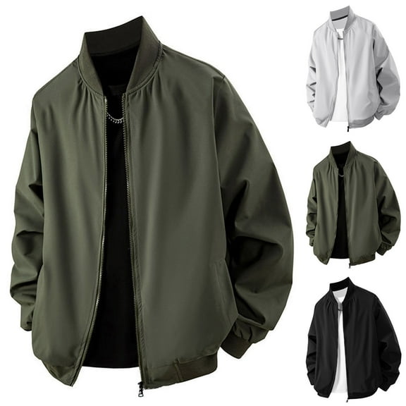 FRSASU Men's Fashion Casual Baseball Jacket Stand Collar Long Sleeve Solid Color Zipper Coat Overcoat Gray