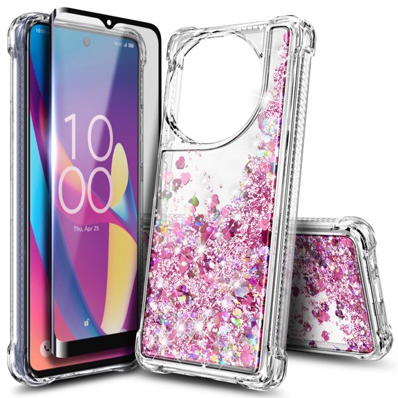 Nagebee for TCL 50 XL 5G Case with Tempered Glass Screen Protector, Glitter Liquid Floating Waterfall Cute Phone Cover (Rose Gold)