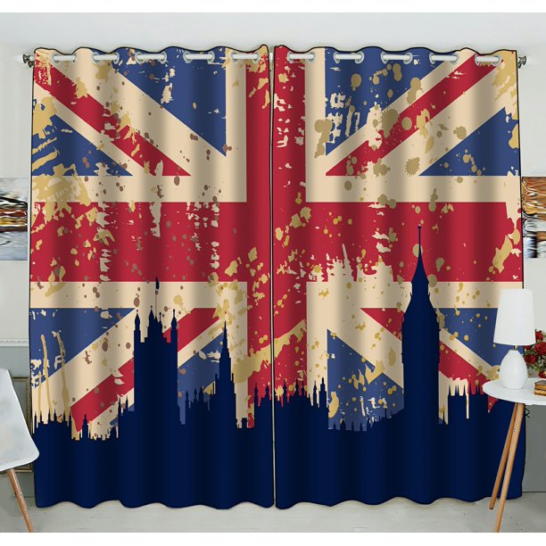 Phfzk Union Jack Flag Window Curtain Great Britain S And London Silhouette Blackout For Bedroom Living Room Kitchen 52x84 Inches Two Piece Com Phfzk Union Jack Flag Window Curtain, Union Jack Bedroom Curtains