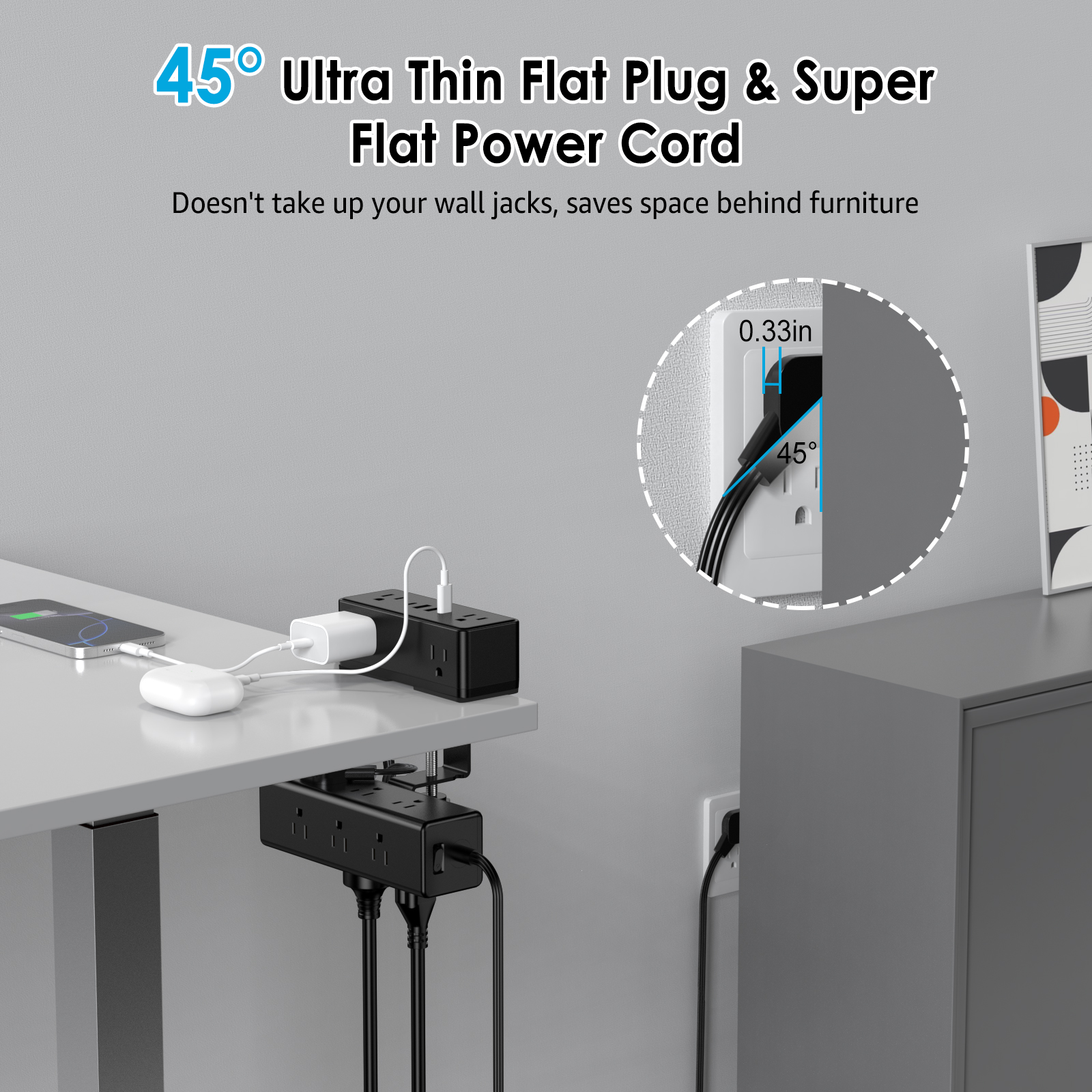 VILONG Desk Clamp Power Strip with 2 USB-c & 2 USB-a,15-Outlet Surge Protector, Edge Mount Design,5ft Extension Cord for Desktop(ETL Certified, Black)
