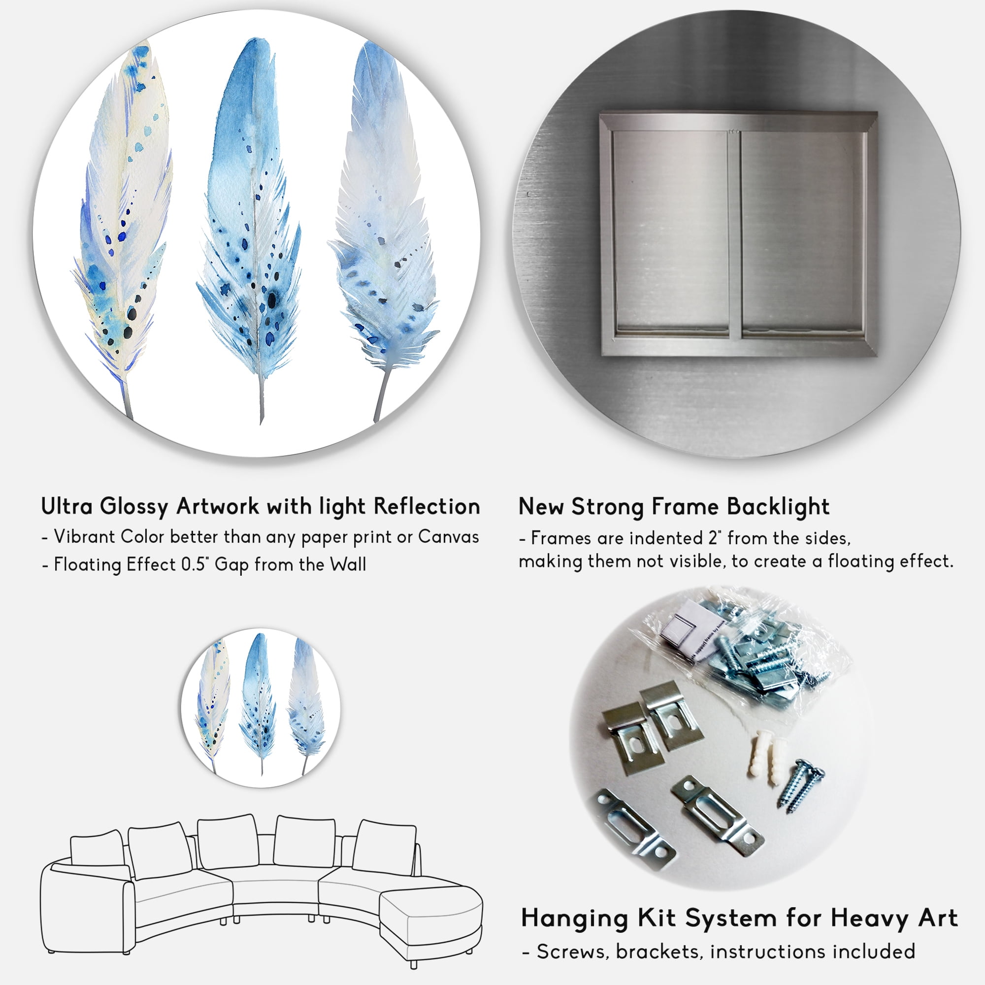Designart 'Abstract Blue Boho Feathers II' Lake House Circle Metal Wall Art 23x23 - Disc of 23