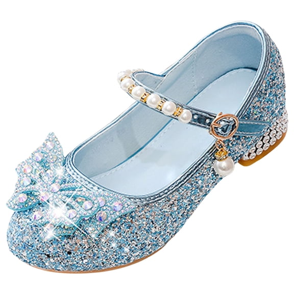 Quealent Girls Sandals Clear Sparkle Jelly Dress Shoes with Bow Mary Jane Flats Blue for Size 3.5