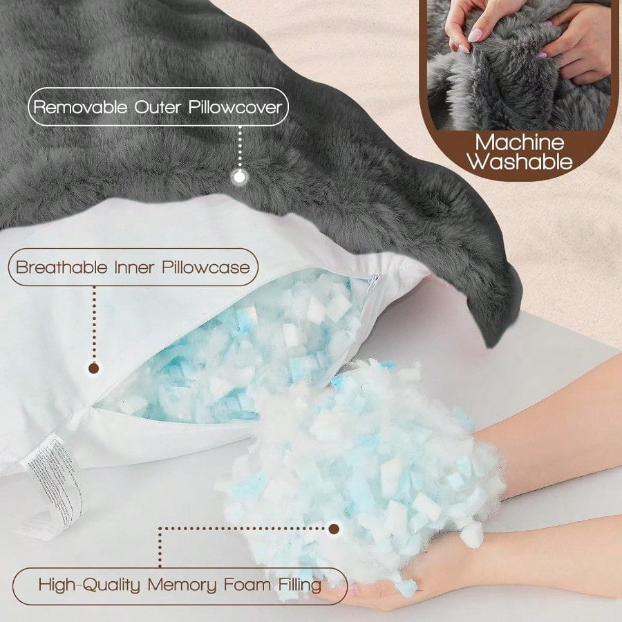 Faux Fur Fluffy Body Pillow for Adults - Firm Body Pillow Insert with Shredded Blue Memory Foam Adjustable Height Soft port for Side Sleepers Pregnant Women Washable 20x54 Inch Grey