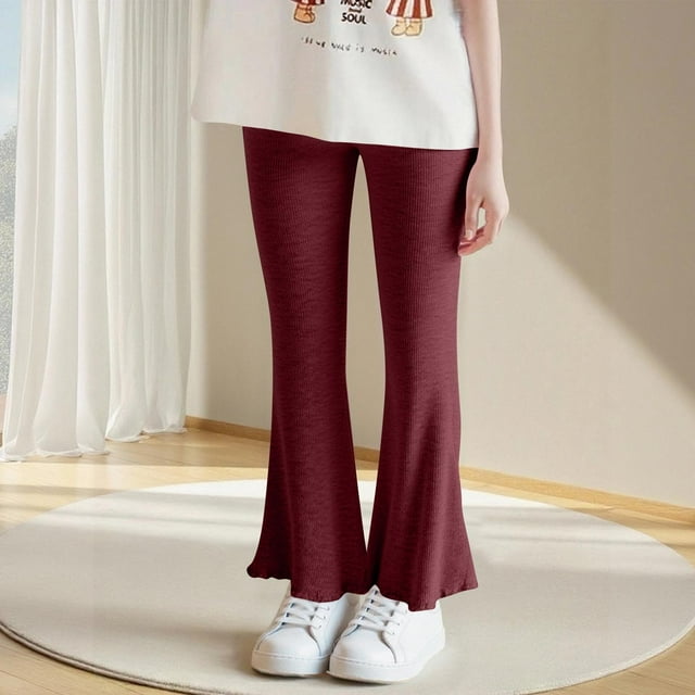 Cowsor Girls Pants Kids Ribbed Flare Pants High Waist Bell Bottoms